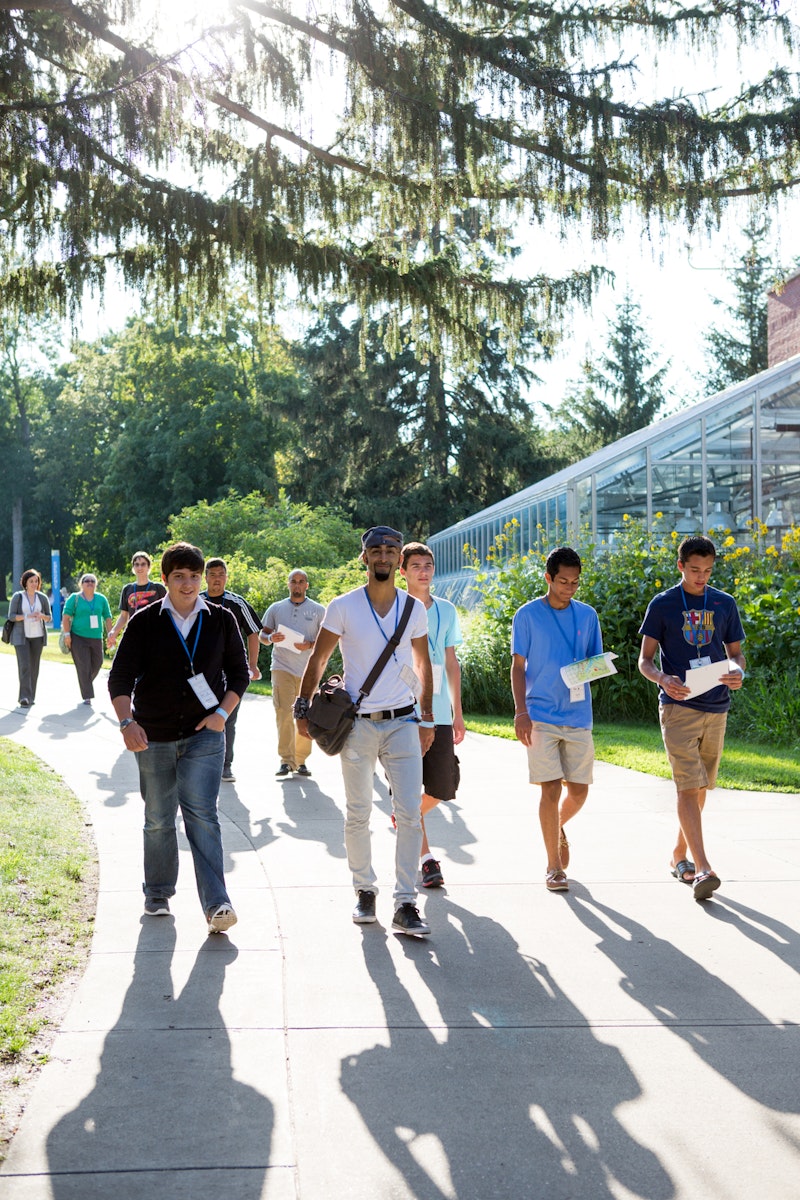 A group of young people walking among the greenery.